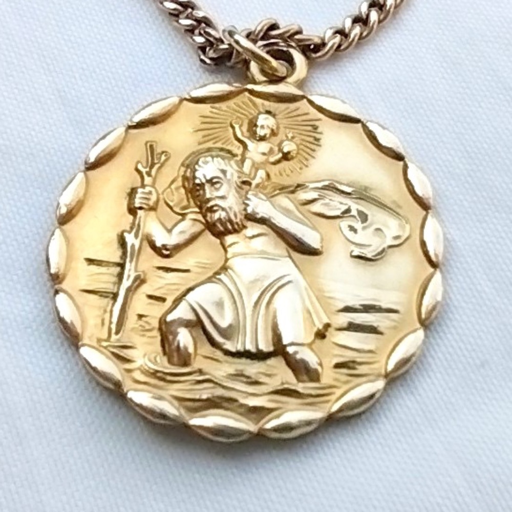 Vintage 12k GF St Christopher Medallion DEDICATED Necklace  28" Chain by GRENCI